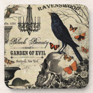 moderner vintage Halloween-Rabe und Totenkopf Untersetzer