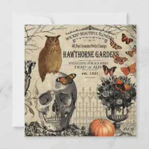Moderner vintage Halloween-Uhu und Totenkopf Karte