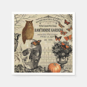 Moderner vintage Halloween-Uhu und Totenkopf Serviette