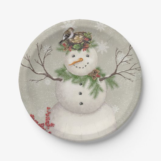 moderner vintage wintergarten schneemann pappteller (Vorderseite)