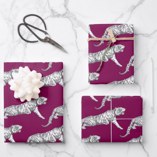 Moderner Vintager Burgund Gray Tiger Geschenkpapier Set (Vorderseite)