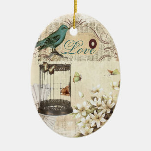 moderner Vintager französischer Vogel botanischen Keramik Ornament