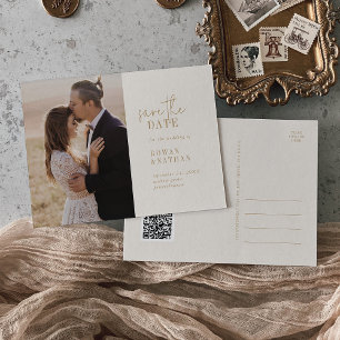 Moderner, Vintager Gold QR-Code Save the Date Einladungspostkarte