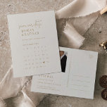 Moderner Vintager Goldkalender Save the Date Einladungspostkarte<br><div class="desc">Dieser moderne, Vintage Goldkalender Save the Date Postkarte eignet sich perfekt für eine einfache Hochzeit. Das neutrale Boho-Design zeichnet sich durch eine einzigartige und stilvolle böhmische Typografie in minimaler Gold- und Elfenbeinfarbe aus. Personalisieren Sie die Vorderseite der Postkarte mit Ihren Namen, Datum, Ort der Hochzeit und dem Kalender des Monats,...</div>