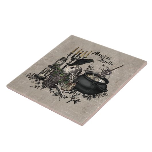 Moderner Vintager Halloween-Schädel Fliese (Seite)