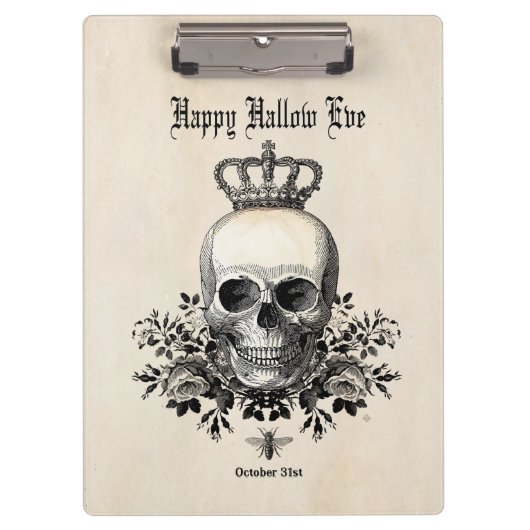 Moderner Vintager Halloween-Schädel mit Krone Klemmbrett (Vorderseite)