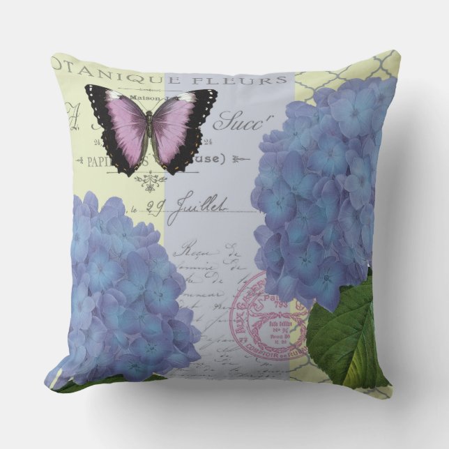 moderner Vintager Hydrangea und Schmetterling Kissen (Vorderseite)