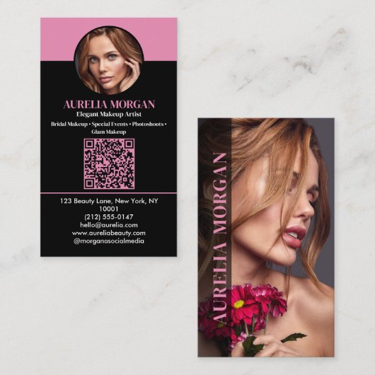 Moderner Visagist QR-Code Foto Schwarz Rosa Visitenkarte (Vorne/Hinten)