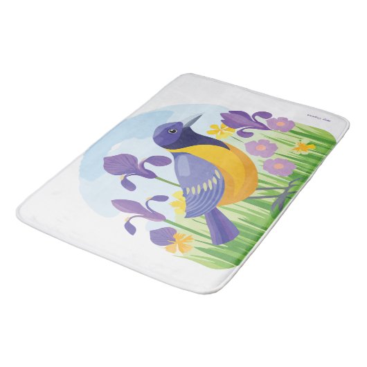 Moderner Vogel mit Iris Blume Blumenmuster Badematte (Schrägansicht)