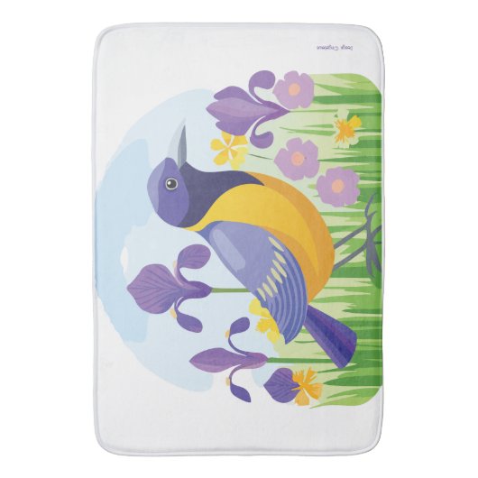 Moderner Vogel mit Iris Blume Blumenmuster Badematte (Vorderseite Vertikal)