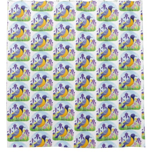 Moderner Vogel mit Iris Blume Blumenmuster Duschvorhang (Vorderseite)