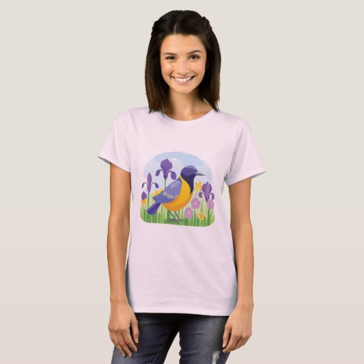 Moderner Vogel mit Iris-Blume Cool T-Shirt (Vorne ganz)