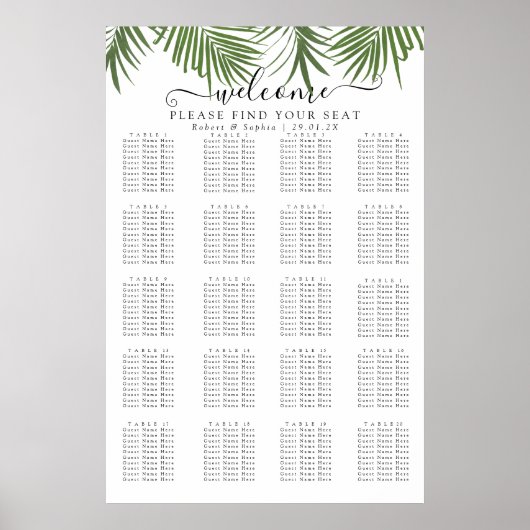 Moderner Wasserfarben-Palmbaum-Sitzplan Poster (Vorne)