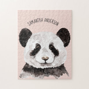 Moderner Wasserfarben-Panda mit Namen und Pastellr Puzzle