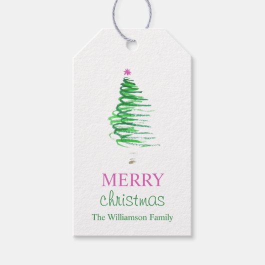 Moderner Wasserfarben-Weihnachtsbaum Geschenkanhänger (Vorderseite)