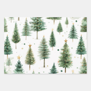 Moderner Wasserfarben-Weihnachtsbaum grün Geschenkpapier Set
