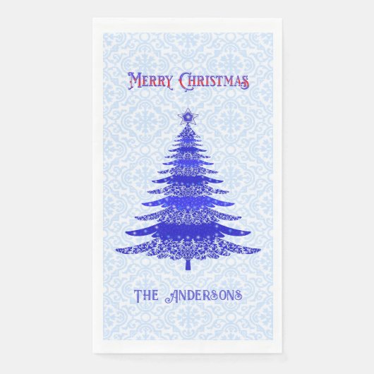 Moderner Weihnachtsbaum Blaue Schneeflocken Person Serviette (Vorderseite)