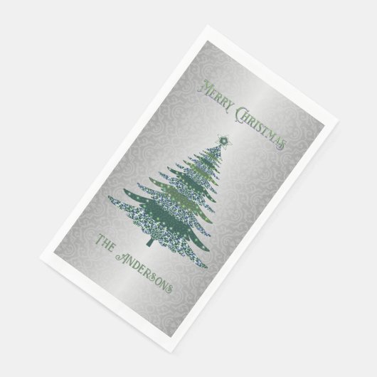 Moderner Weihnachtsbaum Grün Silbername Ornamente Serviette (Ecke)
