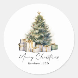 Moderner Weihnachtsbaum im Wasserfarben Non-Foto Runder Aufkleber