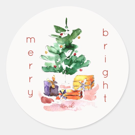 Moderner Weihnachtsbaum "Merry and Bright" Minimal Runder Aufkleber (Vorderseite)