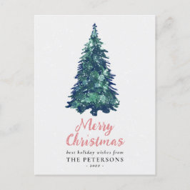 Moderner Weihnachtsbaum mit schneebedecktem Grün Postkarte