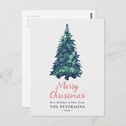 Moderner Weihnachtsbaum mit schneebedecktem Grün Postkarte (Vorne/Hinten)