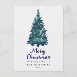 Moderner Weihnachtsbaum mit schneebedecktem Grün Postkarte