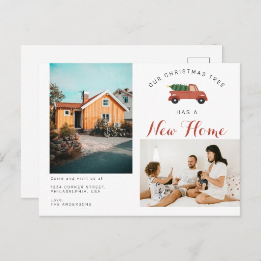 Moderner Weihnachtsbaum Neue Zuhause Red Car Movin Ankündigungspostkarte (Vorne/Hinten)