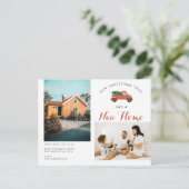 Moderner Weihnachtsbaum Neue Zuhause Red Car Movin Ankündigungspostkarte (Stehend Vorderseite)