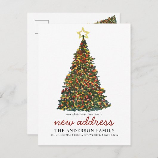 Moderner Weihnachtsbaum New Address Holiday Moving Ankündigungspostkarte (Vorne/Hinten)