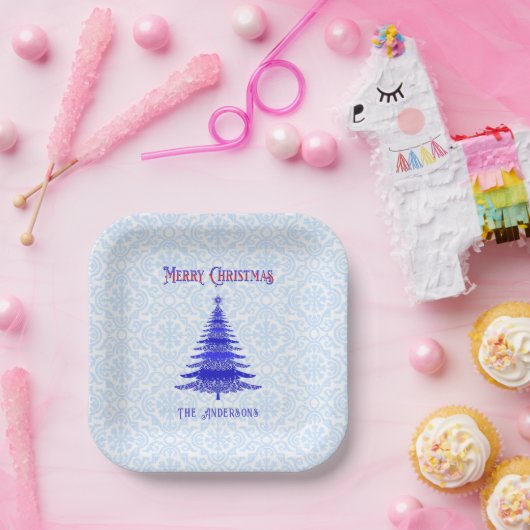 Moderner Weihnachtsbaum Personalisiert Blaue Schne Pappteller (Party)