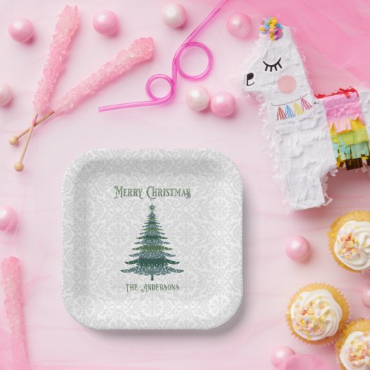 Moderner Weihnachtsbaum Personalisiert Grün Weiß Pappteller (Party)