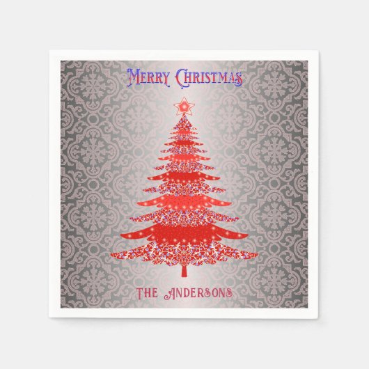 Moderner Weihnachtsbaum Roter Silbername Ornamente Serviette (Vorderseite)