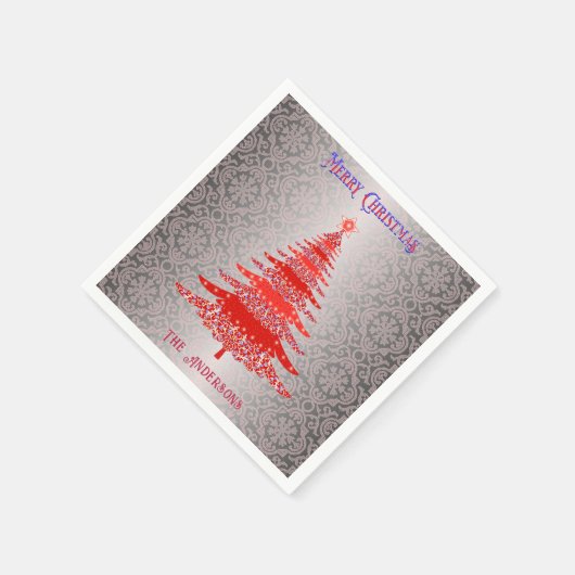 Moderner Weihnachtsbaum Roter Silbername Ornamente Serviette (Ecke)