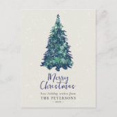 Moderner Weihnachtsbaum Snowy Blue Feiertagspostkarte (Vorderseite)