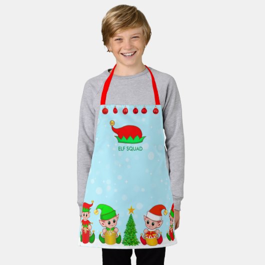 Moderner Weihnachtself-Squad auf Light Blue Schürze (Getragen)