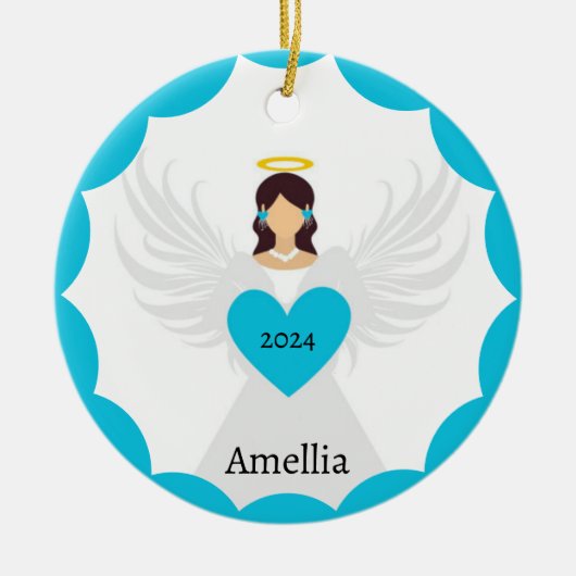 Moderner Weihnachtsgel Blaues Herz - Jahrname Keramik Ornament (Vorne)