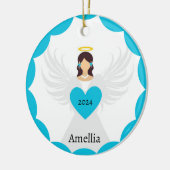 Moderner Weihnachtsgel Blaues Herz - Jahrname Keramik Ornament (Links)