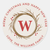 Moderner Weihnachtskranz Mit Monogramm Runder Aufkleber (Vorderseite)