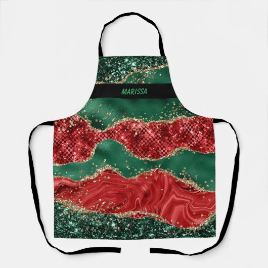 Moderner Weihnachtsname Grün/Rot Glitzer Schürze (Vorderseite)