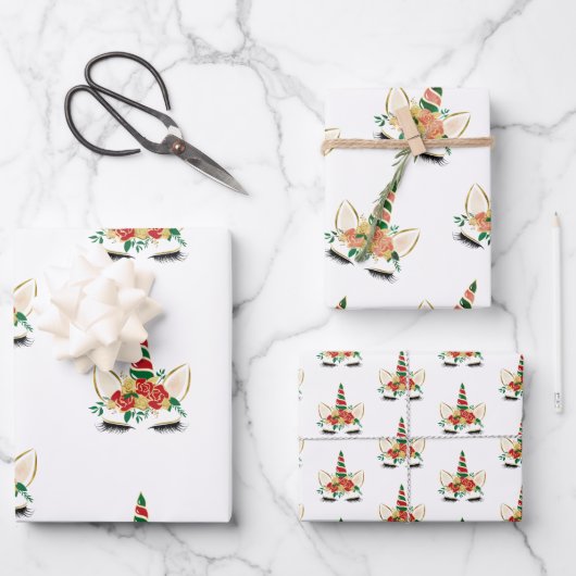 Moderner Weihnachtsurlaub Einhorn Geschenkpapier Set (Vorderseite)