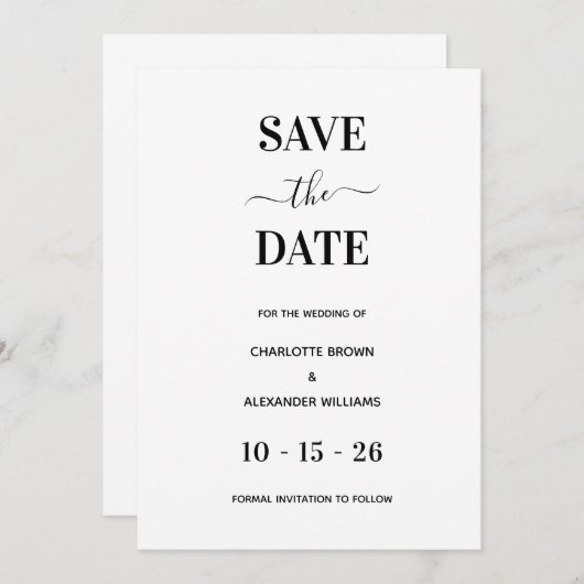Moderner Weiß- und Schwarz-Minimal Save the Date (Vorne/Hinten)