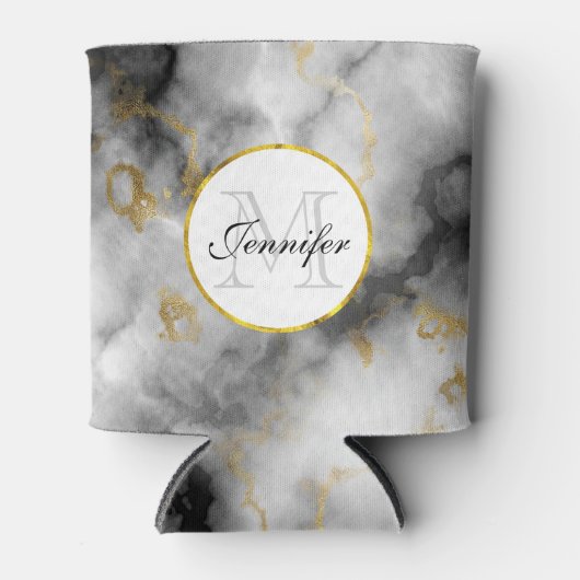 Moderner weißer grauer Marmor mit Goldband-Monogra Dosenkühler (Vorderseite)