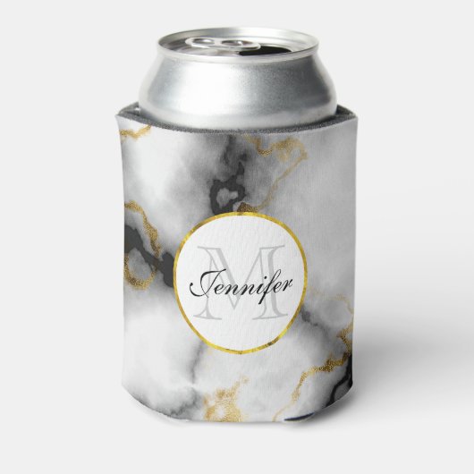 Moderner weißer grauer Marmor mit Goldband-Monogra Dosenkühler (Kanne Rückseite)