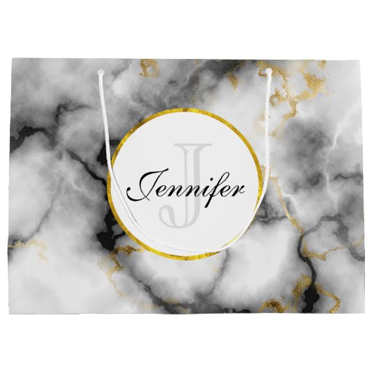 Moderner weißer grauer Marmor mit Goldband-Monogra Große Geschenktüte (Rückseite)