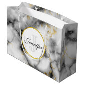 Moderner weißer grauer Marmor mit Goldband-Monogra Große Geschenktüte (Rückseite Schrägansicht)