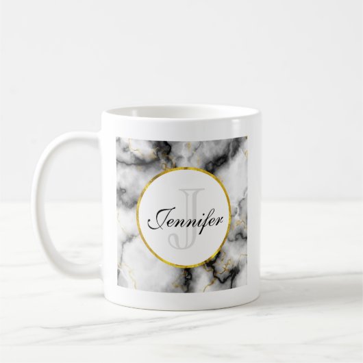 Moderner weißer grauer Marmor mit Goldband-Monogra Kaffeetasse (Links)