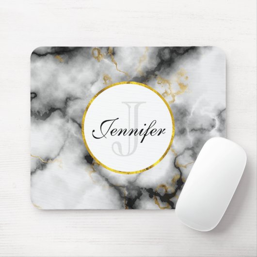 Moderner weißer grauer Marmor mit Goldband-Monogra Mousepad (Mit Mouse)