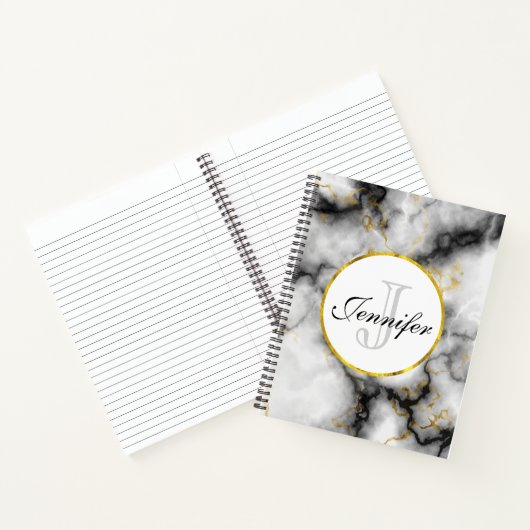 Moderner weißer grauer Marmor mit Goldband-Monogra Notizblock (Innenseite)