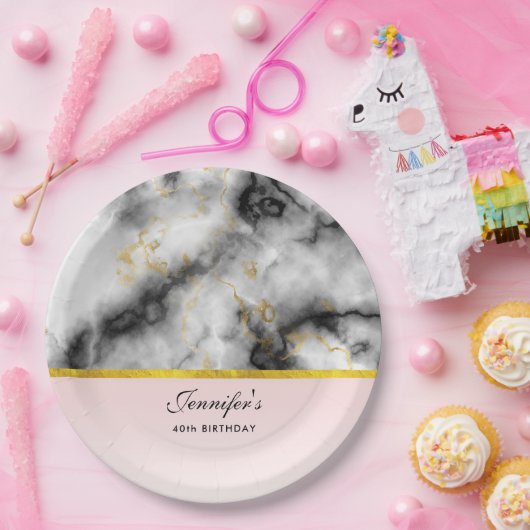 Moderner weißer, grauer Marmor mit goldener Schlei Pappteller (Party)